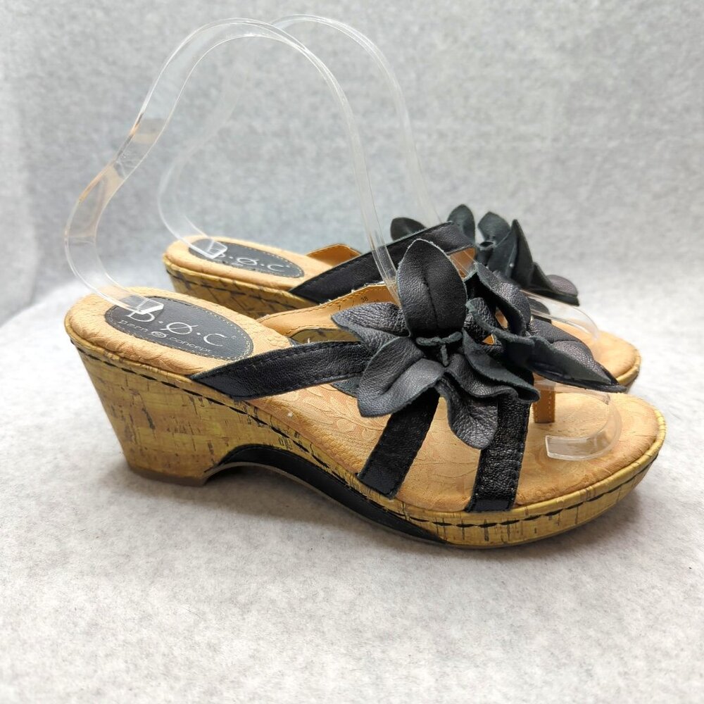 Born BOC Black Slingback Leather Flower Cork Wedge Sandal BC3544 Women Size 7